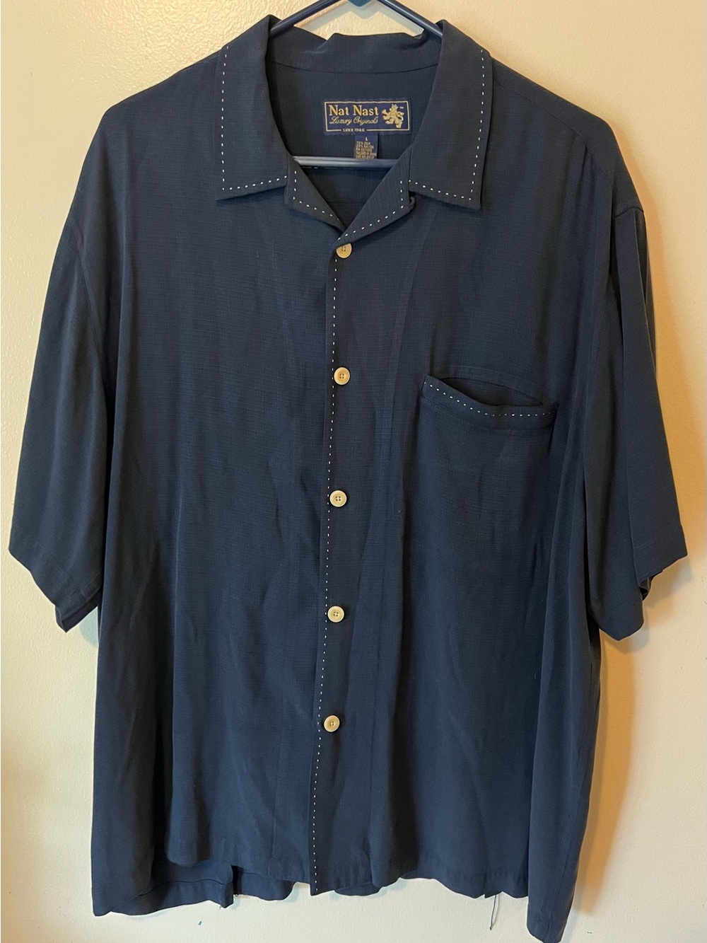 Nat Nast Navy Silk Short-Sleeve Button-Up Retro Camp Shirt